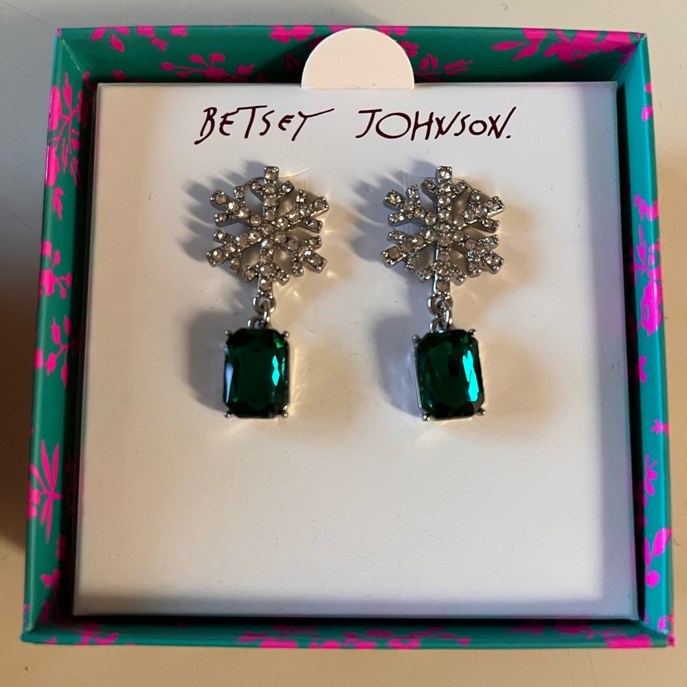 Betsey Johnson Christmas Snowflake and Green Crystal Drop Earrings